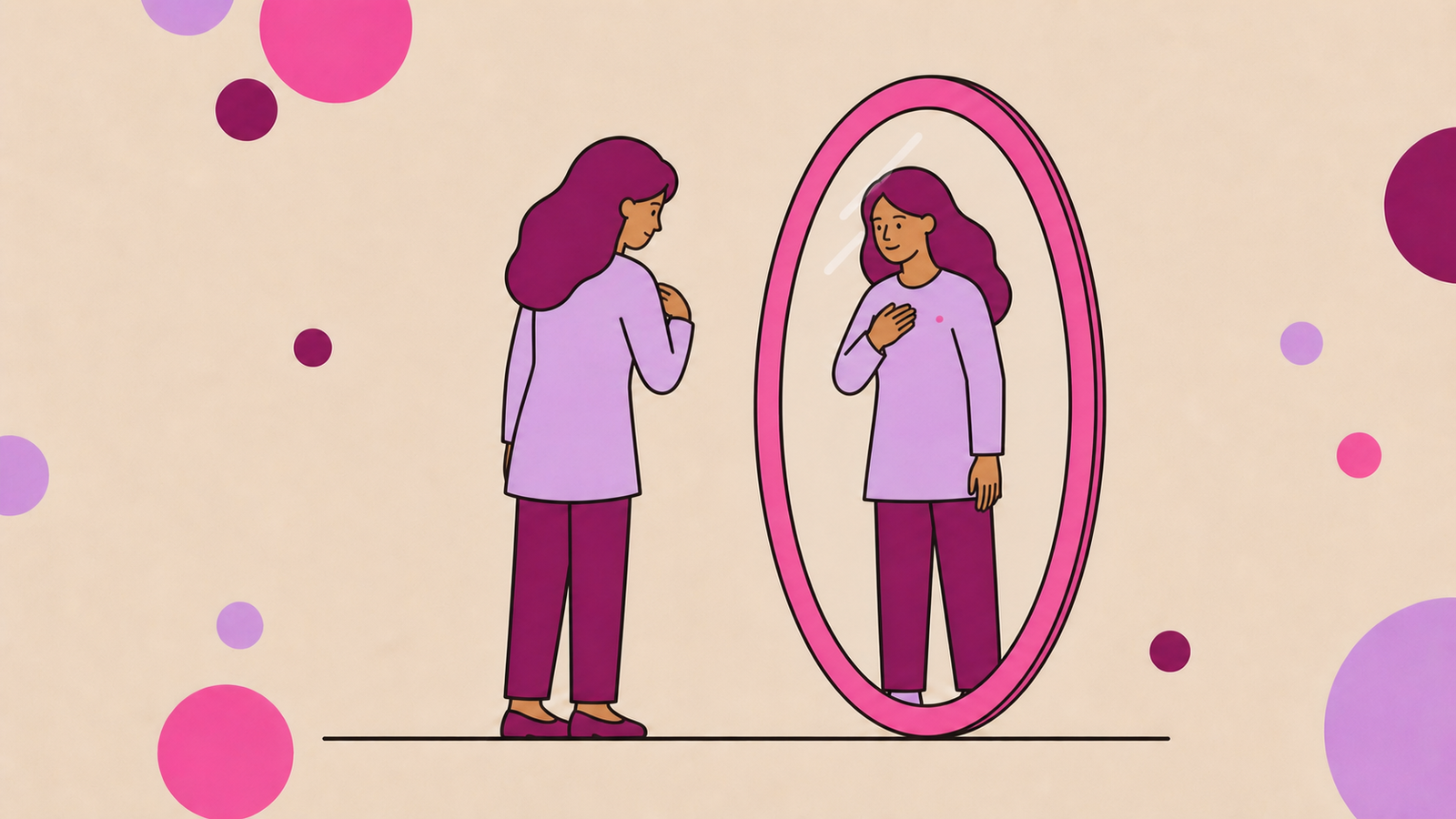Ilustração de uma mulher observando as próprias mamas diante do espelho