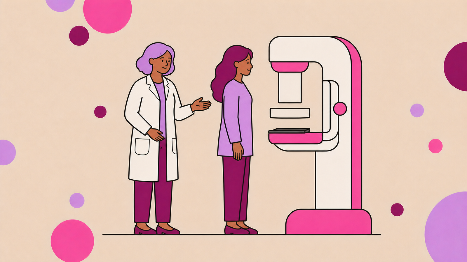 Ilustração de uma mulher sendo orientada para a mamografia