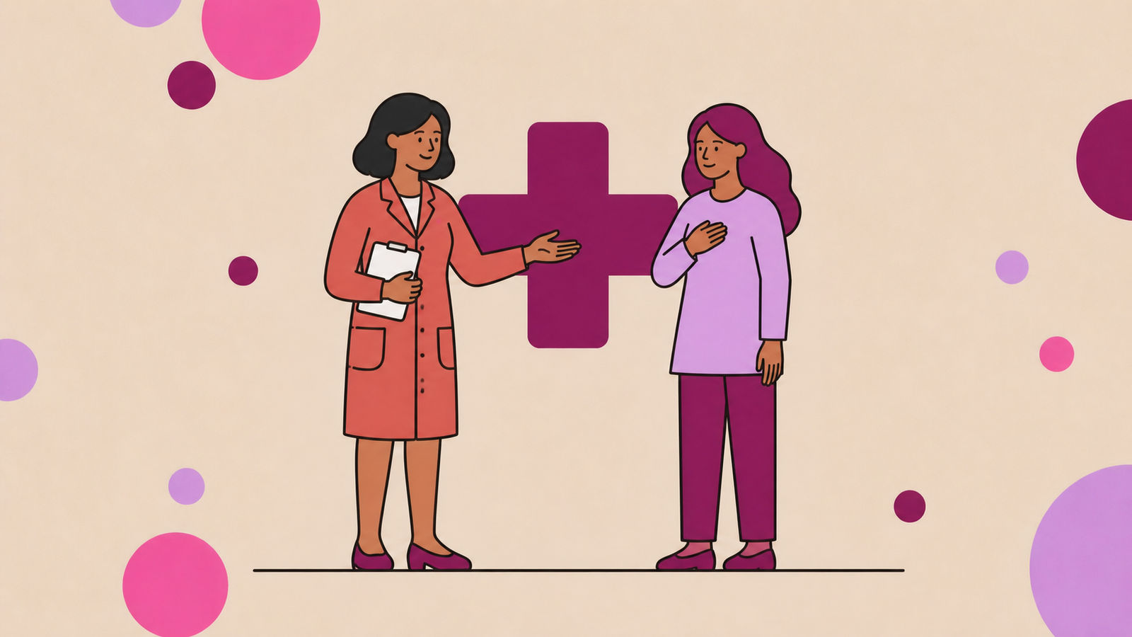 Ilustração de uma profissional de saúde orientando uma mulher